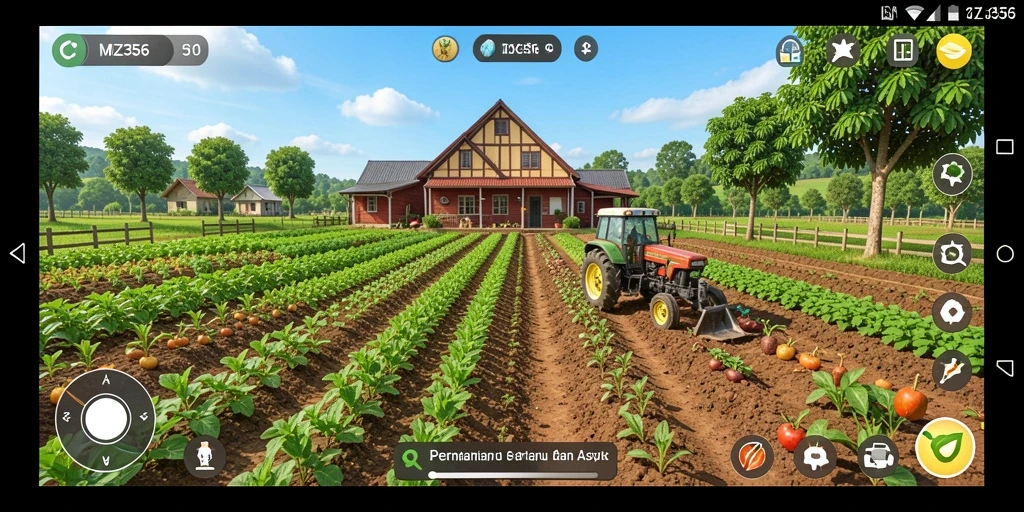 Screenshot gameplay MZ356 yang menampilkan ladang yang subur dan hewan ternak.